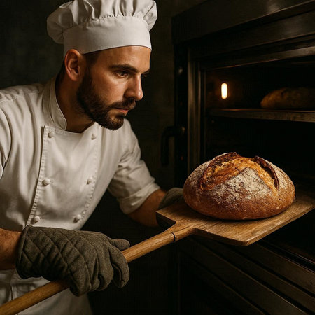 Portrait of a male baker holding a loaf of bread in the oven
