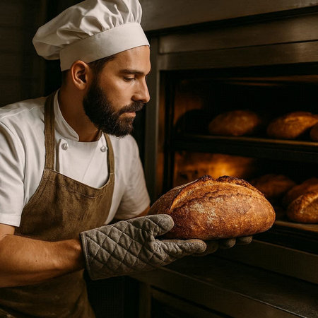 Male baker holding freshly baked bread in his hands while standing in the oven