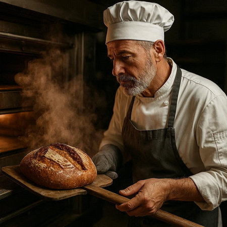 Aged baker in apron holding freshly baked loaf of bread in bakery