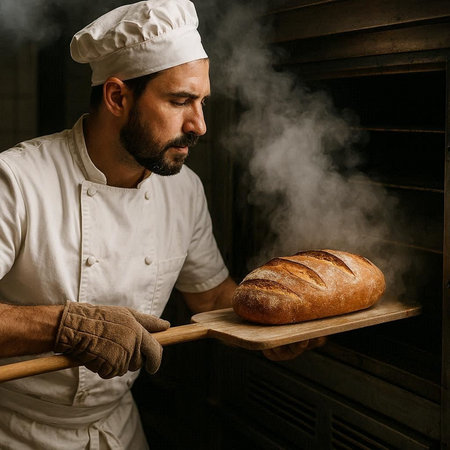 Handsome male baker holding a loaf of bread in a bakery