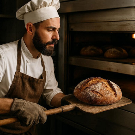Portrait of a confident baker holding a loaf of bread in his bakery.