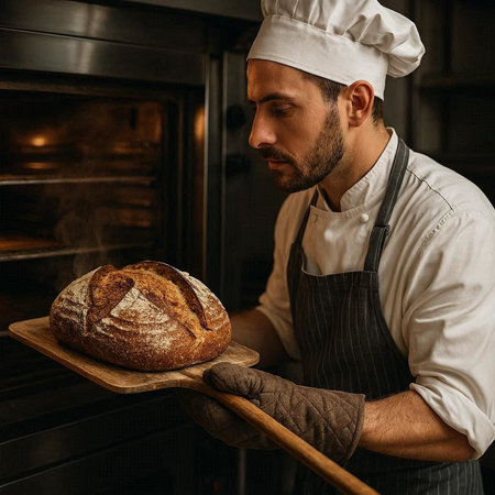 Baker holding a freshly baked loaf of bread in his kitchen.