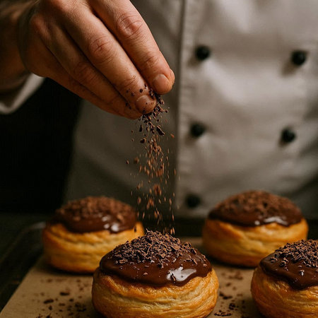 The chef sprinkles chocolate on the donuts. Toned.
