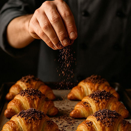 Croissants sprinkled with chocolate flakes on a baking sheet, dark background