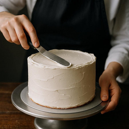 Female chef in a black apron decorates a cake with cream.