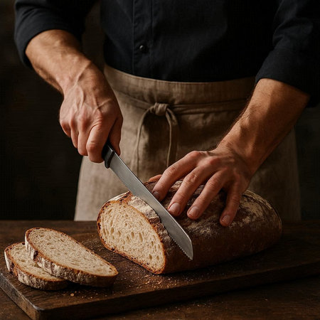 Male hands cutting bread with knife on wooden board over dark background.