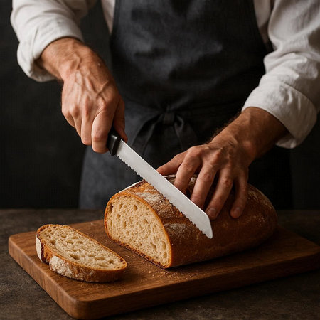 Close-up of a man's hands cutting bread with a knife.