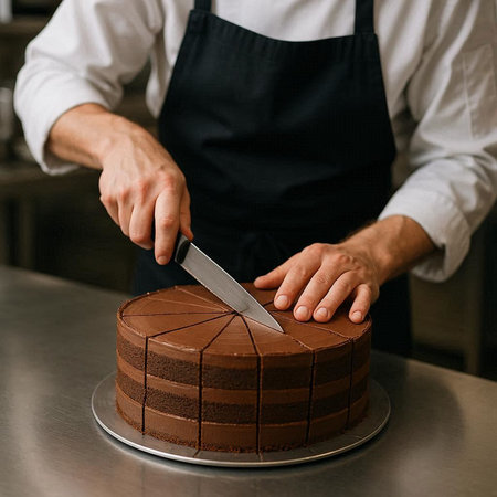 Close-up of a male pastry chef cutting a chocolate cake.の写真素材
