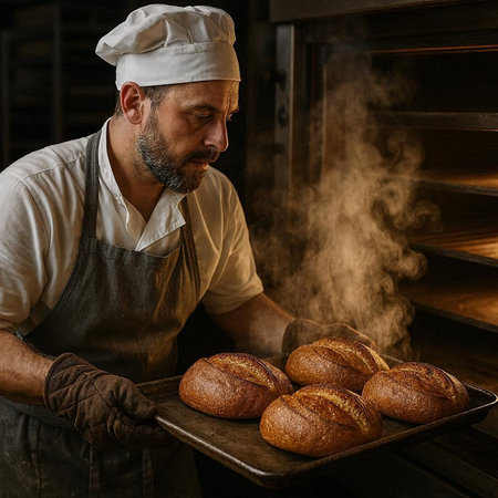 Portrait of a mature male baker with freshly baked bread in his bakery.