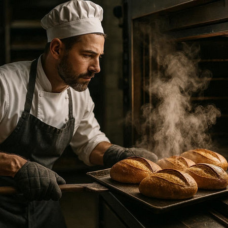 Portrait of mature male baker holding freshly baked bread in bakery.