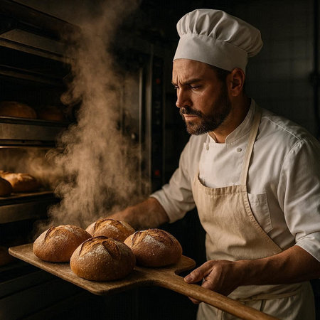 Baker with freshly baked bread in the kitchen of the bakery.
