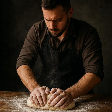 A man kneads the dough on a dark background. Bakery.