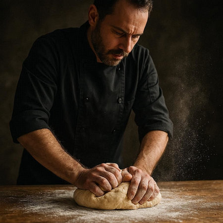 Hands of a man kneading dough on a dark background