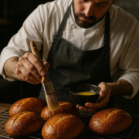 Close-up of a male baker holding a brush and preparing buns.
