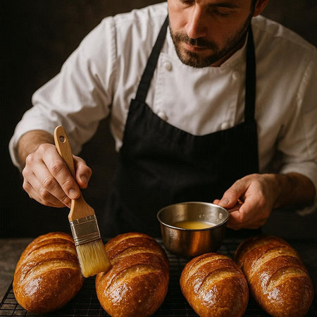 Croissants in the hands of a man in a black apron.