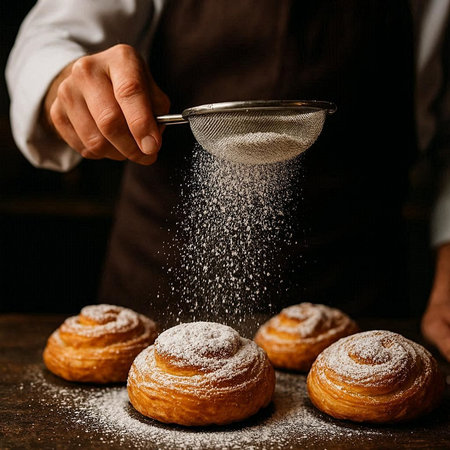 Baker sprinkles sugar on cinnamon buns with sugar powder.