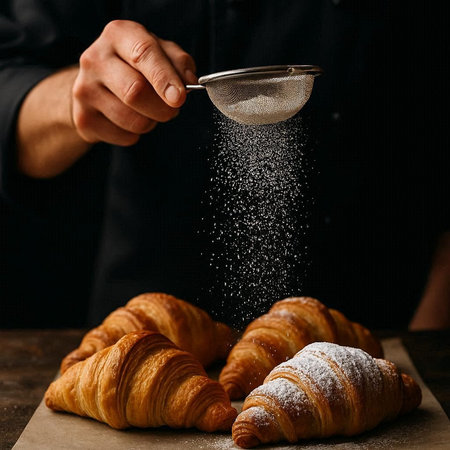 Croissants being sprinkled with sugar on a dark background. Close-up.