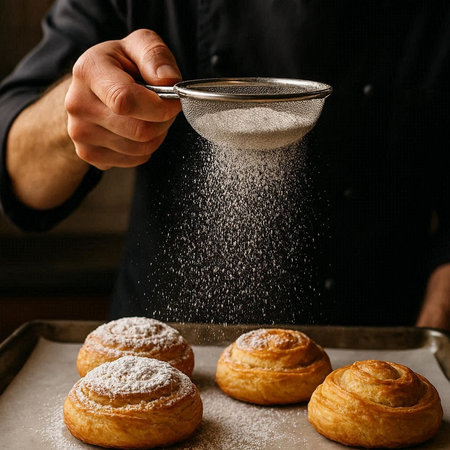 Baker sprinkles powdered sugar on buns. Bakery concept.