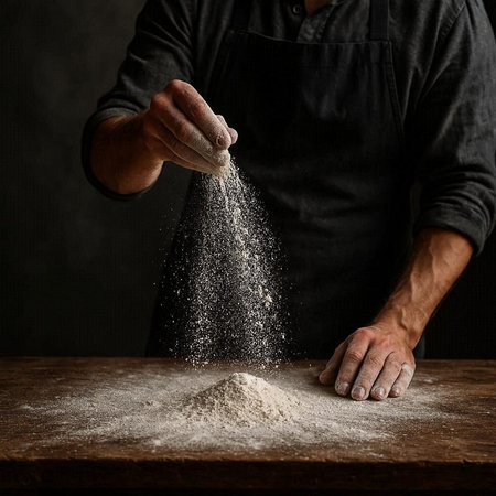 Chef sprinkling flour on a wooden table over dark background.