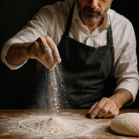 Aged male baker in apron sprinkling flour on the dough.