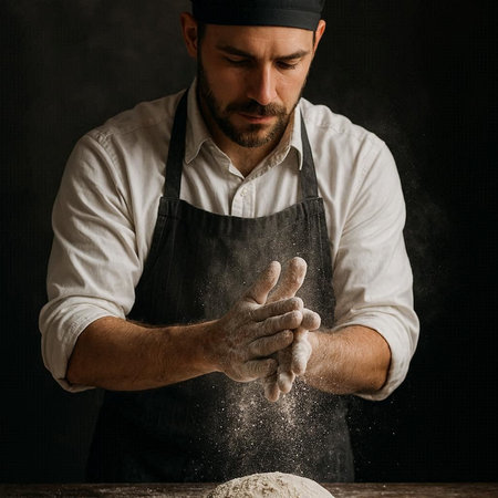 Male chef kneading dough on a dark background. Bakery concept