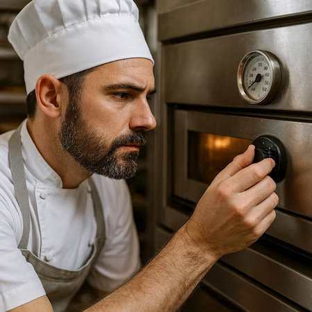 Close up portrait of a bearded male chef in uniform and hat working in a restaurant kitchen.