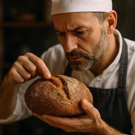 Close-up portrait of a mature male baker holding a freshly baked loaf of bread.