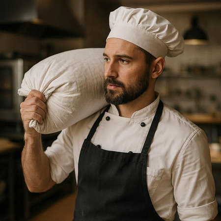 Portrait of a bearded male chef holding a pillow in his hand.