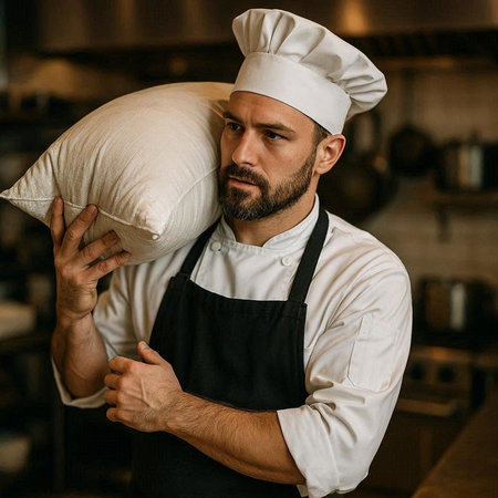 Portrait of a bearded male chef with a pillow in his hand