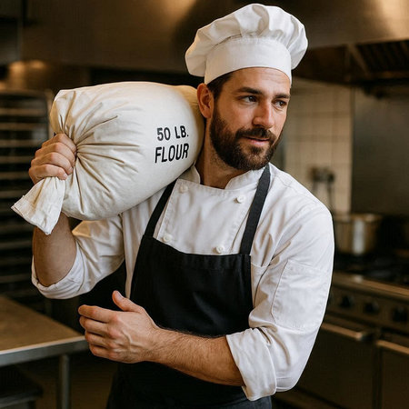 Portrait of a bearded male chef holding a pillow in the kitchen
