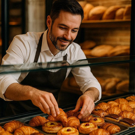 Handsome young man working in a bakery. He is taking a fresh croissant.