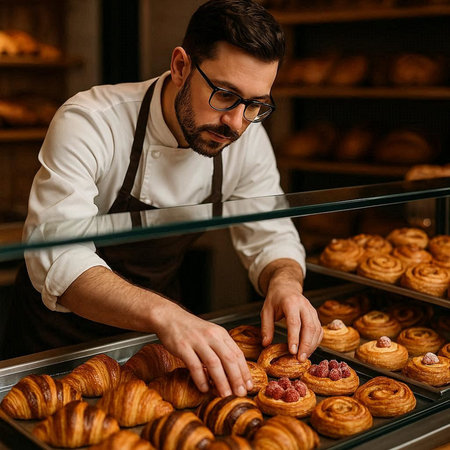 Baker Showing Freshly Baked Croissants In Bakery