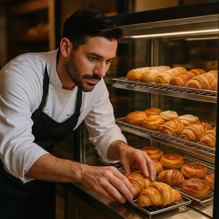 Handsome young man in apron holding croissants and looking at them