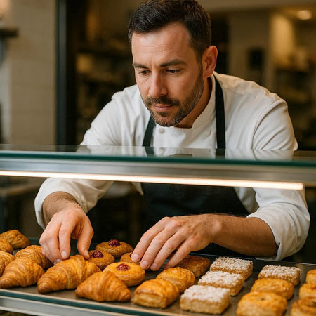 Close up portrait of handsome mature man in apron working in pastry shop.