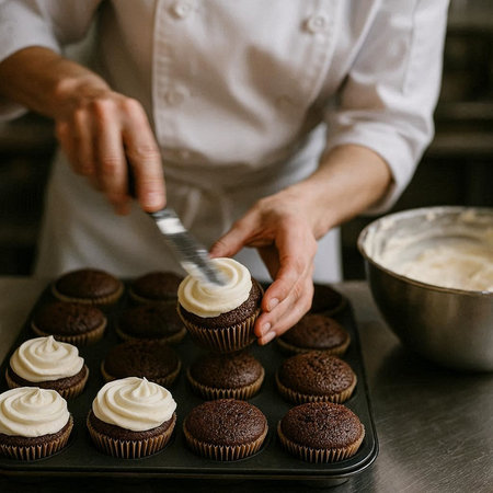 Female chef decorating cupcakes with white cream and chocolate frosting