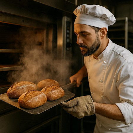 Handsome male baker holding tray with freshly baked bread in bakery