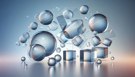 3D rendering abstract background with glass spheres and cubes. 3D illustration