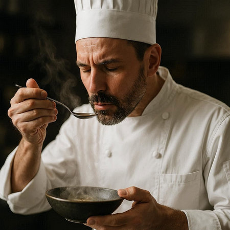 Portrait of a bearded male chef in a white uniform holding a bowl with soup.