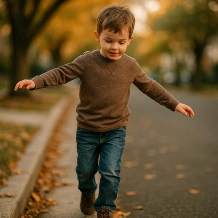 Cute little boy walking in the autumn park. Happy child having fun.