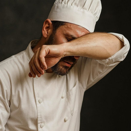 Portrait of a male chef covering his face with his hands.