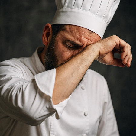 Portrait of a bearded male chef in a white uniform and hat