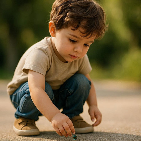 Little boy playing with marbles in the park on a sunny day
