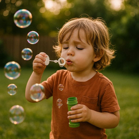 Cute baby boy playing with soap bubbles in the garden. Kid having fun outdoors.