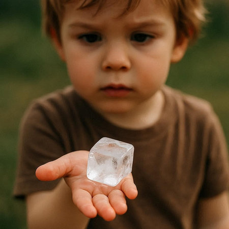 A little boy holds a cube of ice in his hand. Selective focus.