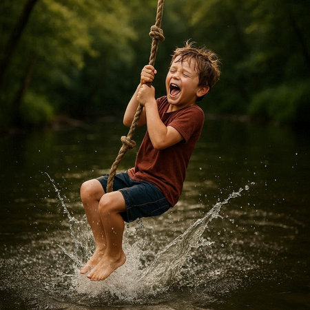 Little boy having fun on a swing in the river. Happy childhood.