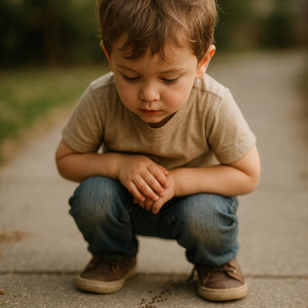 Sad little boy sitting on the ground in the park and looking down