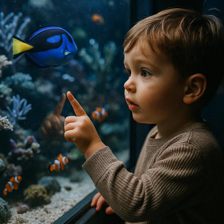 Little boy looking at the fish in the aquarium. The concept of education and children.
