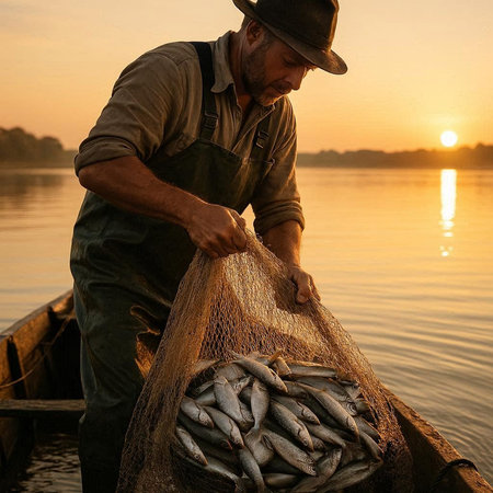 Fisherman with catch of fresh fish on the boat at sunset