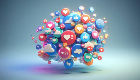 3d rendering of colorful social media icons flying in the air.