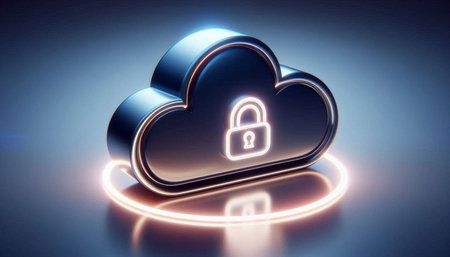 3d rendering of cloud with lock icon in neon light on blue background